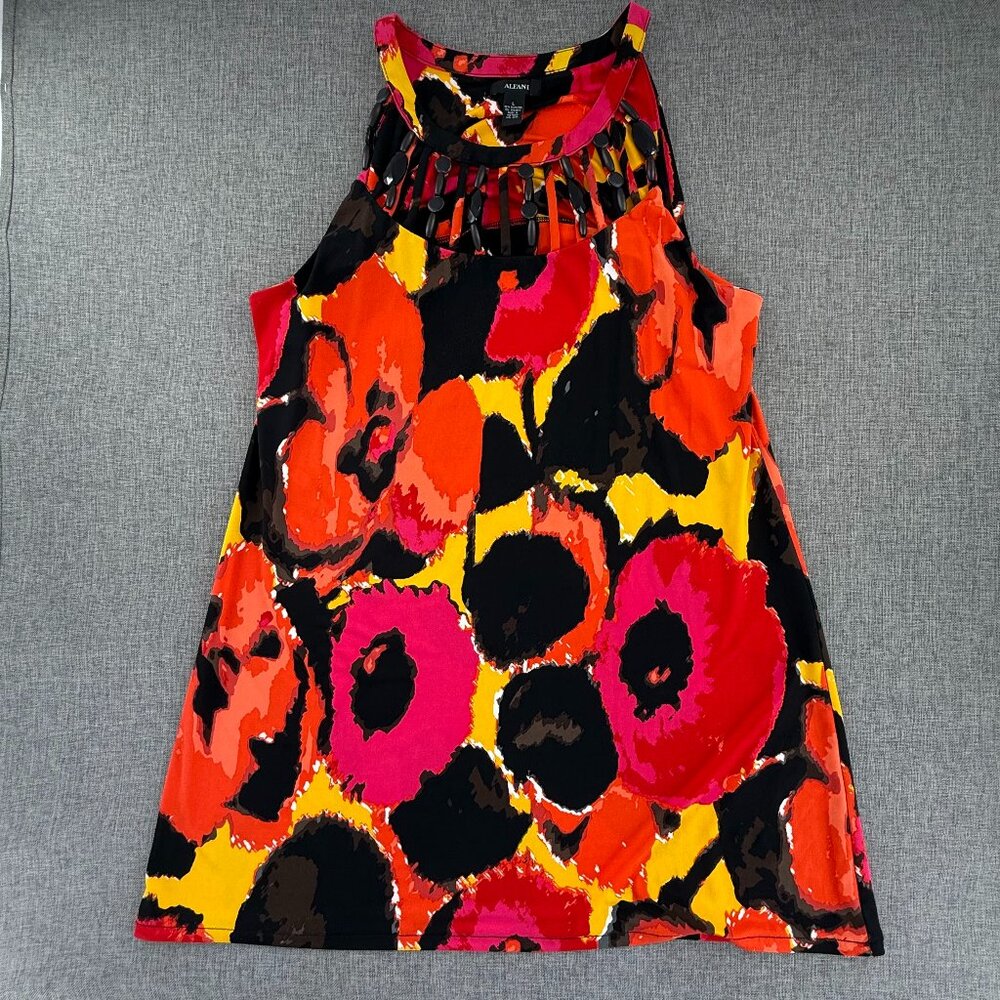 Alfani Cocktail Shift Dress Sleeveless Abstract Floral Beaded Neckline Large